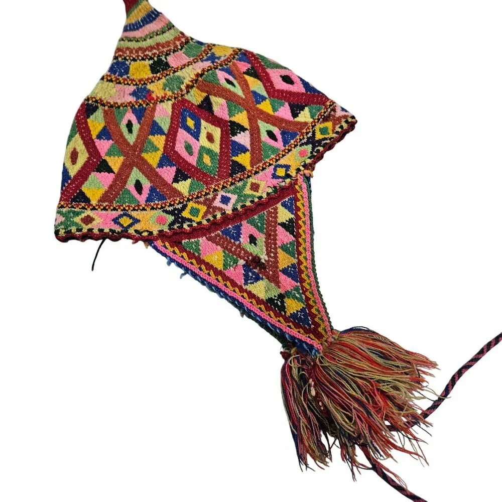 Vintage Hand Knit Tribal Wool Hat Colorful Geometric Patterns Tassels‎ Earflaps